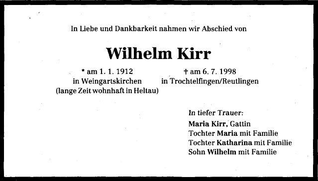 Kirr Wilhelm 1912-1998 Todesanzeige